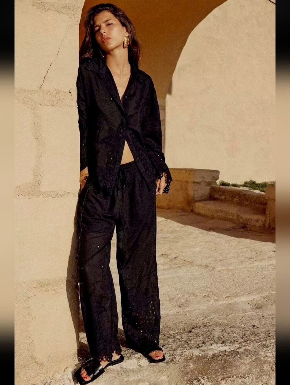 Zara Black Beaded Openwork Eyelet Embroidered Set M